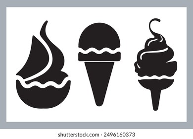 Ice cream black silhouette icons set on white. Balls in waffle cone, soft serve sundae in glass, Ice cream silhouette vector illustrations. Ice cream silhouettes isolated.
