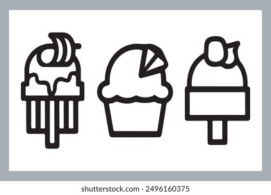 Ice cream black silhouette icons set on white. Balls in waffle cone, soft serve sundae in glass, Ice cream silhouette vector illustrations. Ice cream silhouettes isolated.