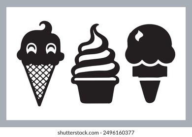 Ice cream black silhouette icons set on white. Balls in waffle cone, soft serve sundae in glass, Ice cream silhouette vector illustrations. Ice cream silhouettes isolated.