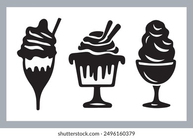 Ice cream black silhouette icons set on white. Balls in waffle cone, soft serve sundae in glass, Ice cream silhouette vector illustrations. Ice cream silhouettes isolated.