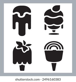 Ice cream black silhouette icons set on white. Balls in waffle cone, soft serve sundae in glass, Ice cream silhouette vector illustrations. Ice cream silhouettes isolated.