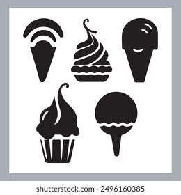 Ice cream black silhouette icons set on white. Balls in waffle cone, soft serve sundae in glass, Ice cream silhouette vector illustrations. Ice cream silhouettes isolated.