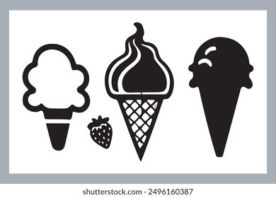 Ice cream black silhouette icons set on white. Balls in waffle cone, soft serve sundae in glass, Ice cream silhouette vector illustrations. Ice cream silhouettes isolated.