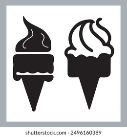 Iconos de la silueta del helado negro fijados en blanco. Bolas en cono de waffle, sundae suave servido en vidrio, Ilustraciones vectoriales de silueta de helado. Siluetas de helado aisladas.