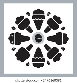 Ice cream black silhouette icons set on white. Balls in waffle cone, soft serve sundae in glass, Ice cream silhouette vector illustrations. Ice cream silhouettes isolated.