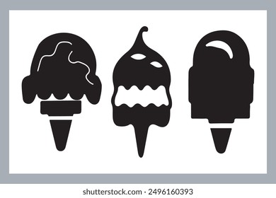 Ice cream black silhouette icons set on white. Balls in waffle cone, soft serve sundae in glass, Ice cream silhouette vector illustrations. Ice cream silhouettes isolated.