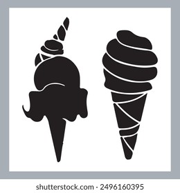Ice cream black silhouette icons set on white. Balls in waffle cone, soft serve sundae in glass, Ice cream silhouette vector illustrations. Ice cream silhouettes isolated.