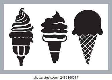 Iconos de la silueta del helado negro fijados en blanco. Bolas en cono de waffle, sundae suave servido en vidrio, Ilustraciones vectoriales de silueta de helado. Siluetas de helado aisladas.