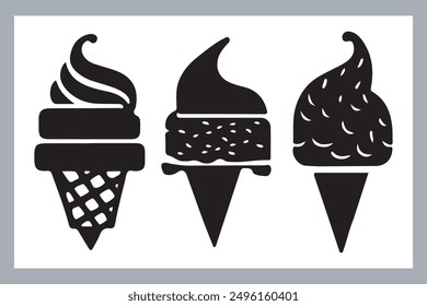 Ice cream black silhouette icons set on white. Balls in waffle cone, soft serve sundae in glass, Ice cream silhouette vector illustrations. Ice cream silhouettes isolated.