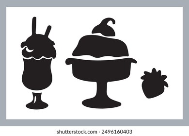 Ice cream black silhouette icons set on white. Balls in waffle cone, soft serve sundae in glass, Ice cream silhouette vector illustrations. Ice cream silhouettes isolated.