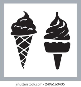 Ice cream black silhouette icons set on white. Balls in waffle cone, soft serve sundae in glass, Ice cream silhouette vector illustrations. Ice cream silhouettes isolated.
