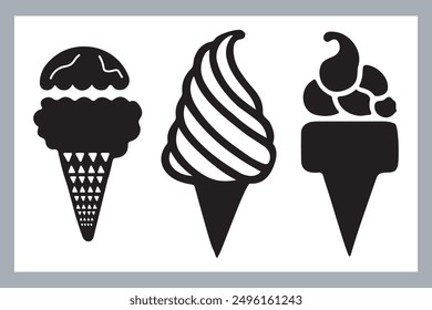 Ice cream black silhouette icons set on white. Balls in waffle cone, soft serve sundae in glass, Ice cream silhouette vector illustrations. Ice cream silhouettes isolated.