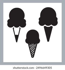 Ice cream black silhouette icons set on white. Balls in waffle cone, soft serve sundae in glass, Ice cream silhouette vector illustrations. Ice cream silhouettes isolated.