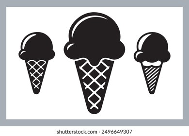 Ice cream black silhouette icons set on white. Balls in waffle cone, soft serve sundae in glass, Ice cream silhouette vector illustrations. Ice cream silhouettes isolated.