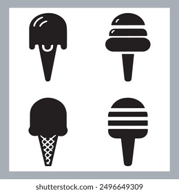 Ice cream black silhouette icons set on white. Balls in waffle cone, soft serve sundae in glass, Ice cream silhouette vector illustrations. Ice cream silhouettes isolated.