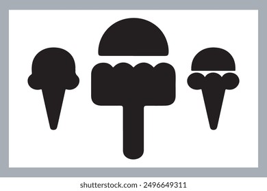 Ice cream black silhouette icons set on white. Balls in waffle cone, soft serve sundae in glass, Ice cream silhouette vector illustrations. Ice cream silhouettes isolated.
