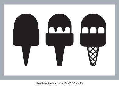 Ice cream black silhouette icons set on white. Balls in waffle cone, soft serve sundae in glass, Ice cream silhouette vector illustrations. Ice cream silhouettes isolated.