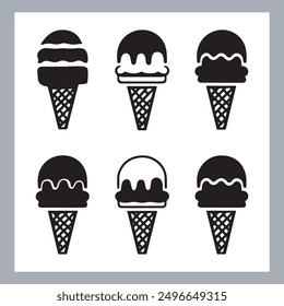 Ice cream black silhouette icons set on white. Balls in waffle cone, soft serve sundae in glass, Ice cream silhouette vector illustrations. Ice cream silhouettes isolated.