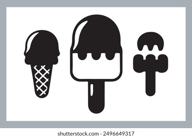 Ice cream black silhouette icons set on white. Balls in waffle cone, soft serve sundae in glass, Ice cream silhouette vector illustrations. Ice cream silhouettes isolated.