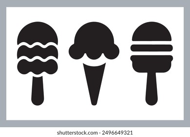 Ice cream black silhouette icons set on white. Balls in waffle cone, soft serve sundae in glass, Ice cream silhouette vector illustrations. Ice cream silhouettes isolated.
