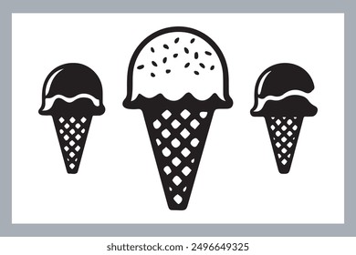 Ice cream black silhouette icons set on white. Balls in waffle cone, soft serve sundae in glass, Ice cream silhouette vector illustrations. Ice cream silhouettes isolated.