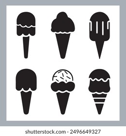 Ice cream black silhouette icons set on white. Balls in waffle cone, soft serve sundae in glass, Ice cream silhouette vector illustrations. Ice cream silhouettes isolated.