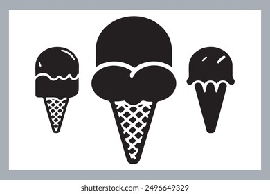 Ice cream black silhouette icons set on white. Balls in waffle cone, soft serve sundae in glass, Ice cream silhouette vector illustrations. Ice cream silhouettes isolated.