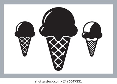 Ice cream black silhouette icons set on white. Balls in waffle cone, soft serve sundae in glass, Ice cream silhouette vector illustrations. Ice cream silhouettes isolated.