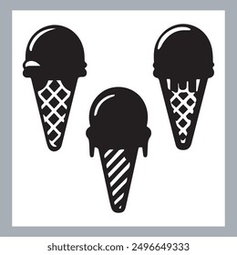 Ice cream black silhouette icons set on white. Balls in waffle cone, soft serve sundae in glass, Ice cream silhouette vector illustrations. Ice cream silhouettes isolated.