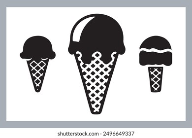 Ice cream black silhouette icons set on white. Balls in waffle cone, soft serve sundae in glass, Ice cream silhouette vector illustrations. Ice cream silhouettes isolated.