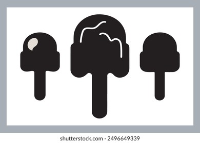 Ice cream black silhouette icons set on white. Balls in waffle cone, soft serve sundae in glass, Ice cream silhouette vector illustrations. Ice cream silhouettes isolated.