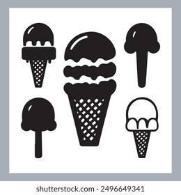 Ice cream black silhouette icons set on white. Balls in waffle cone, soft serve sundae in glass, Ice cream silhouette vector illustrations. Ice cream silhouettes isolated.