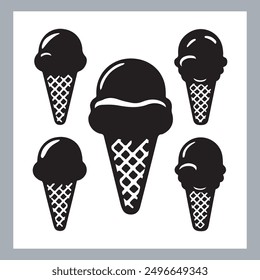 Ice cream black silhouette icons set on white. Balls in waffle cone, soft serve sundae in glass, Ice cream silhouette vector illustrations. Ice cream silhouettes isolated.
