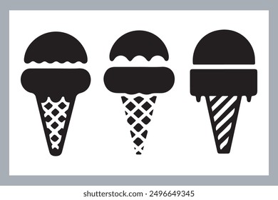 Ice cream black silhouette icons set on white. Balls in waffle cone, soft serve sundae in glass, Ice cream silhouette vector illustrations. Ice cream silhouettes isolated.