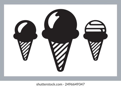 Ice cream black silhouette icons set on white. Balls in waffle cone, soft serve sundae in glass, Ice cream silhouette vector illustrations. Ice cream silhouettes isolated.