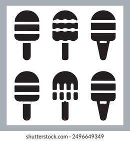 Ice cream black silhouette icons set on white. Balls in waffle cone, soft serve sundae in glass, Ice cream silhouette vector illustrations. Ice cream silhouettes isolated.