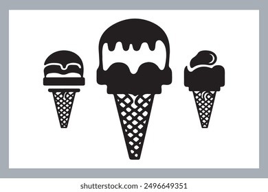 Ice cream black silhouette icons set on white. Balls in waffle cone, soft serve sundae in glass, Ice cream silhouette vector illustrations. Ice cream silhouettes isolated.