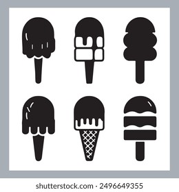Ice cream black silhouette icons set on white. Balls in waffle cone, soft serve sundae in glass, Ice cream silhouette vector illustrations. Ice cream silhouettes isolated.