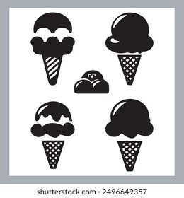 Ice cream black silhouette icons set on white. Balls in waffle cone, soft serve sundae in glass, Ice cream silhouette vector illustrations. Ice cream silhouettes isolated.
