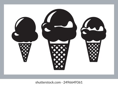 Ice cream black silhouette icons set on white. Balls in waffle cone, soft serve sundae in glass, Ice cream silhouette vector illustrations. Ice cream silhouettes isolated.