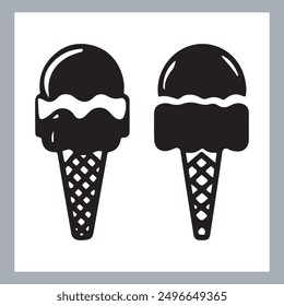 Ice cream black silhouette icons set on white. Balls in waffle cone, soft serve sundae in glass, Ice cream silhouette vector illustrations. Ice cream silhouettes isolated.