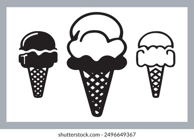 Ice cream black silhouette icons set on white. Balls in waffle cone, soft serve sundae in glass, Ice cream silhouette vector illustrations. Ice cream silhouettes isolated.