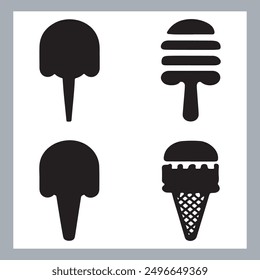 Ice cream black silhouette icons set on white. Balls in waffle cone, soft serve sundae in glass, Ice cream silhouette vector illustrations. Ice cream silhouettes isolated.