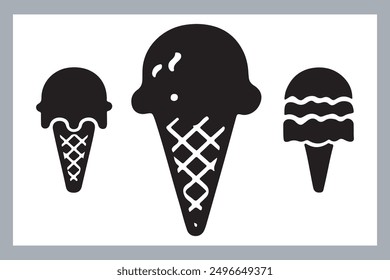 Ice cream black silhouette icons set on white. Balls in waffle cone, soft serve sundae in glass, Ice cream silhouette vector illustrations. Ice cream silhouettes isolated.