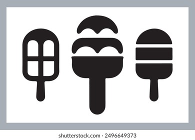 Ice cream black silhouette icons set on white. Balls in waffle cone, soft serve sundae in glass, Ice cream silhouette vector illustrations. Ice cream silhouettes isolated.