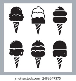 Ice cream black silhouette icons set on white. Balls in waffle cone, soft serve sundae in glass, Ice cream silhouette vector illustrations. Ice cream silhouettes isolated.