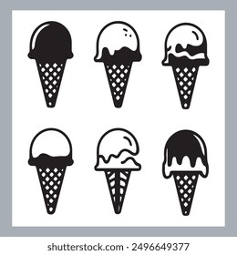 Ice cream black silhouette icons set on white. Balls in waffle cone, soft serve sundae in glass, Ice cream silhouette vector illustrations. Ice cream silhouettes isolated.
