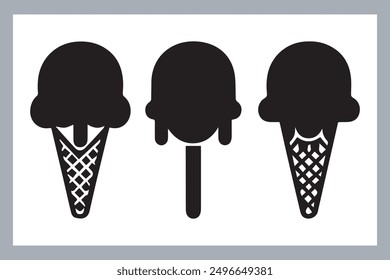 Ice cream black silhouette icons set on white. Balls in waffle cone, soft serve sundae in glass, Ice cream silhouette vector illustrations. Ice cream silhouettes isolated.