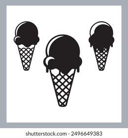 Ice cream black silhouette icons set on white. Balls in waffle cone, soft serve sundae in glass, Ice cream silhouette vector illustrations. Ice cream silhouettes isolated.