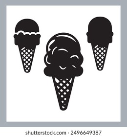 Ice cream black silhouette icons set on white. Balls in waffle cone, soft serve sundae in glass, Ice cream silhouette vector illustrations. Ice cream silhouettes isolated.
